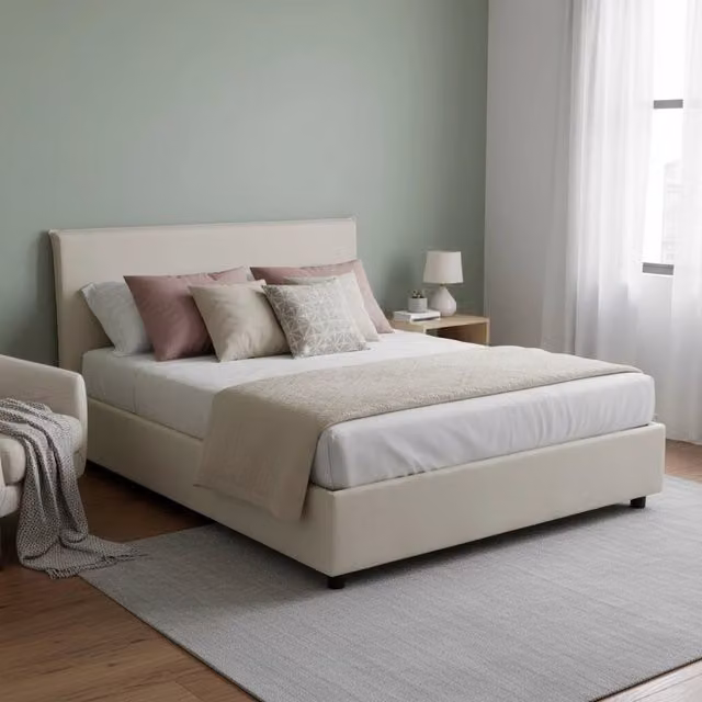 Letto contenitore matrimoniale Alvacus di Talamo Italia con rivestimento in tessuto beige, adatto per materasso 140x200 cm