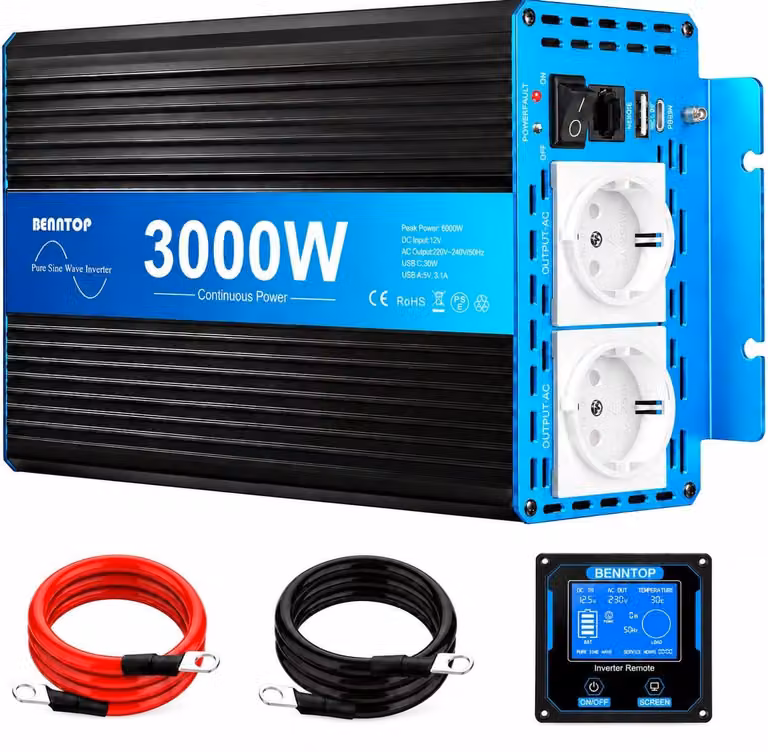 Convertitore di tensione a onda sinusoidale pura - Potenza: 3000 W - Ingresso: 12 Volt - 2 prese di corrente europee