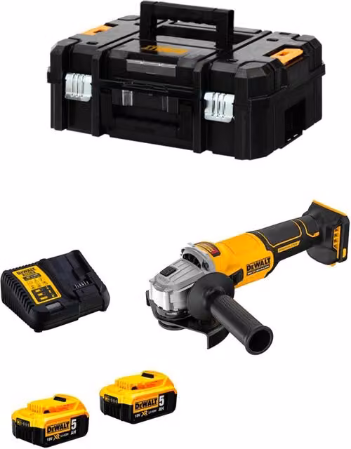 Mini-Smerigliatrice DeWALT DCG407P2T Gialla con 2 batterie da 5,0 Ah e caricabatterie DCB1104 in custodia TSTAK II