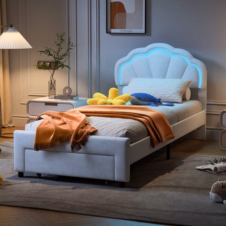 CDGlobal letto imbottito 90x200cm con prese, letto per ragazzi letto singolo con 1 cassetto, letto contenitore letto in legno massiccio con LED e rete a doghe per donne bambini giovani