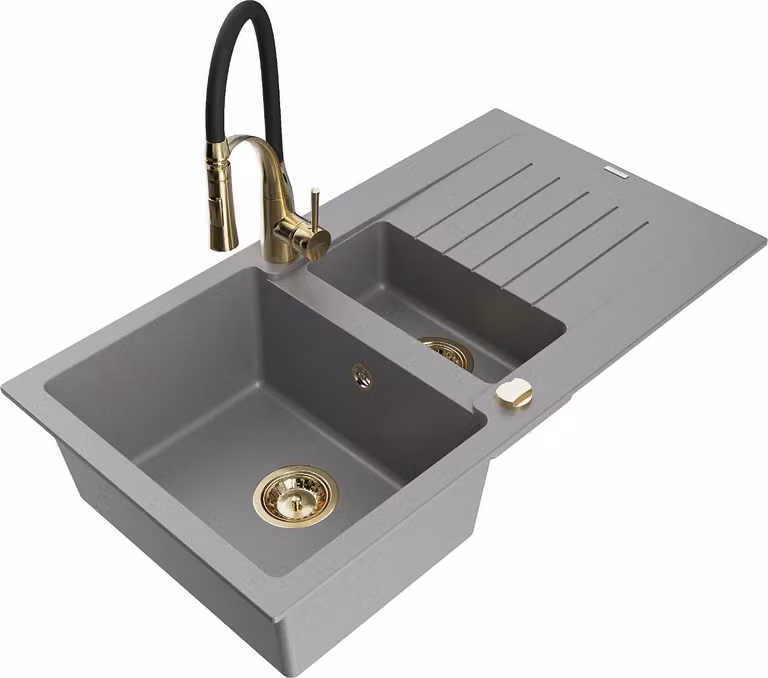 Mexen Matias lavello in granito 1,5 vasca con scolapiatti e rubinetto da cucina Aster, grigio - 6502-71-73450-57-G