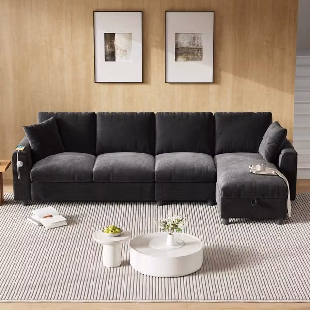 Divano angolare letto Mivray in ciniglia grigio con configurazione reversibile, tavolino pieghevole e ricarica USB, H: 84 cm, L: 280 cm, P: 137 cm