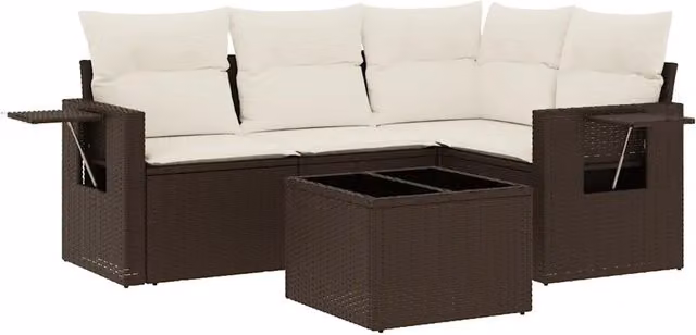Set Divano da Giardino 5 pz | Set Salotto da Giardino con Cuscini Marrone in Polyrattan