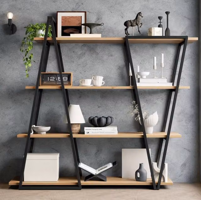 Libreria geometrica 158×35×166 cm in MDF nero e marrone