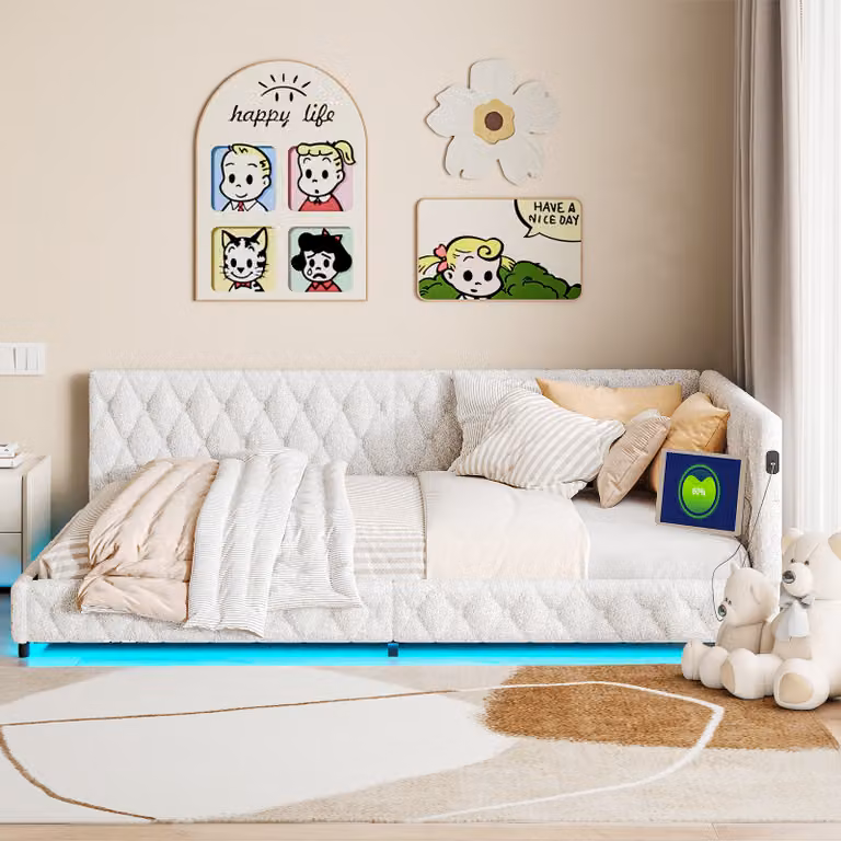 Letto imbottito 140x200 con LED e connessione USB type-c, struttura letto con rete a doghe, letto da giorno divano letto in tessuto vellutato divano letto per ospiti letto per ragazzi
