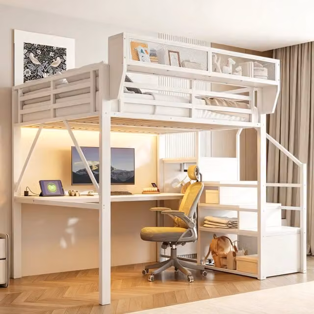 Letto a Soppalco 140x200 in Metallo Bianco con Scrivania; Luci LED e Scaletta