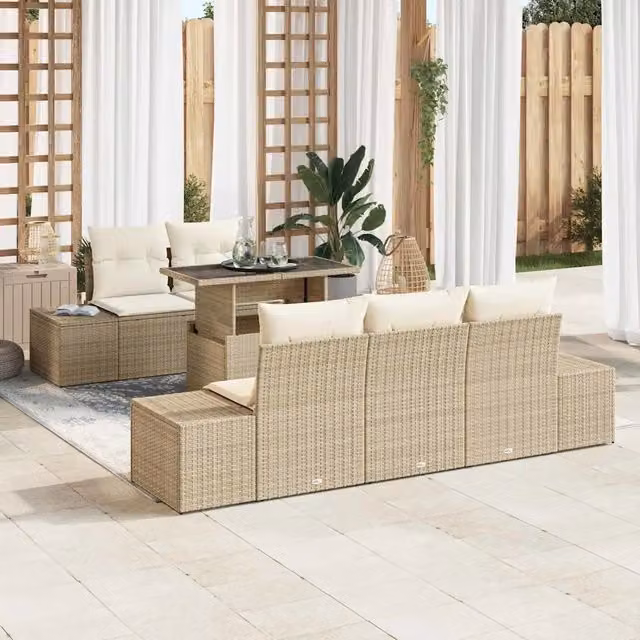 Set di mobili da giardino vidaXL composto da 6 pezzi in rattan con cuscini beige e bianco per terrazzo e giardino