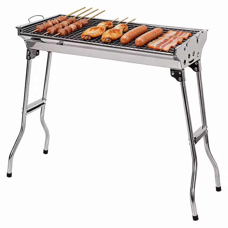 Griglia per barbecue in acciaio inossidabile, di grandi dimensioni, con carbone. Modello pieghevole, da utilizzare su cavalletto, ideale per giardino e campeggio
