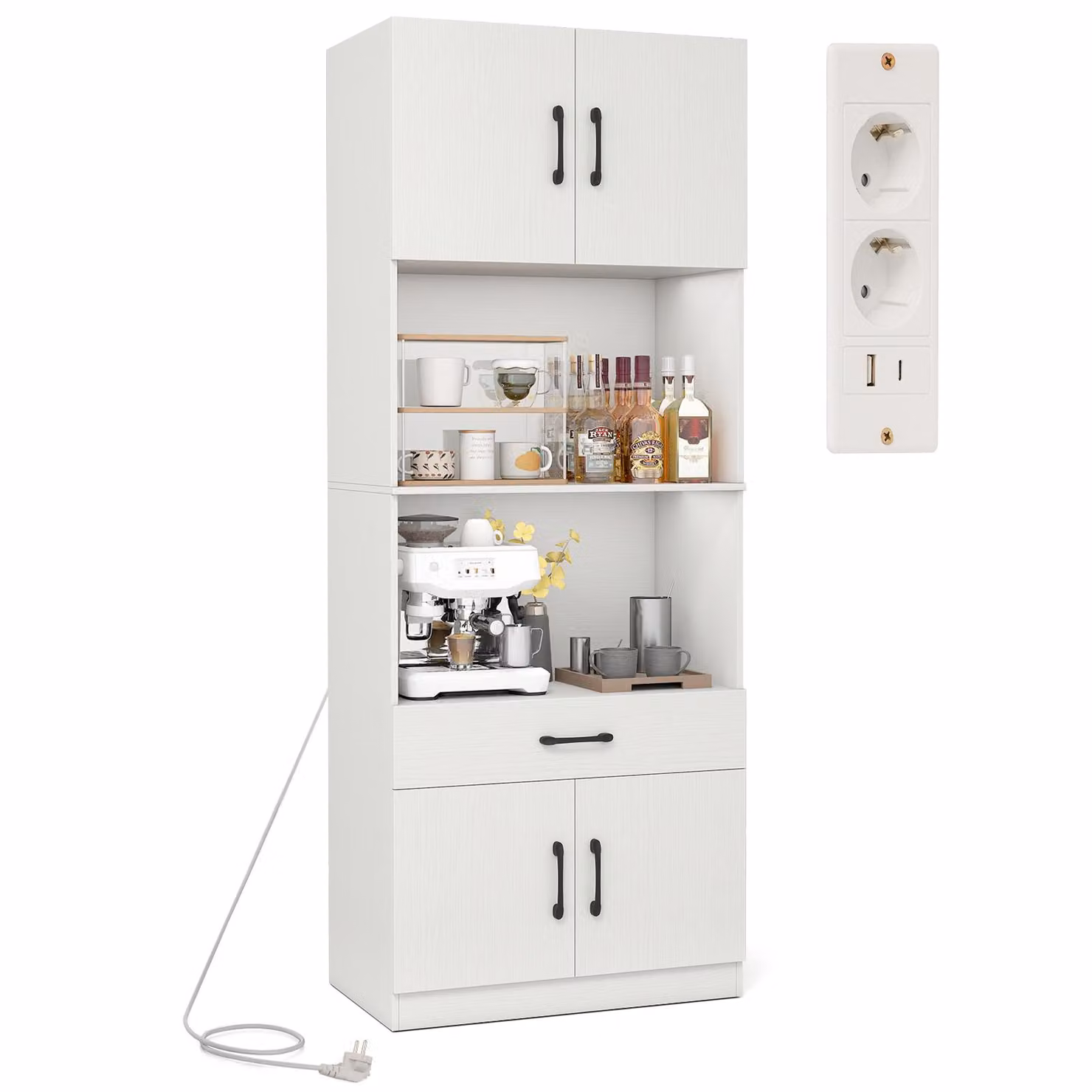 Armadio da cucina COSTWAY 168 cm, mobile buffet con 4 ante, cassetto, piano di lavoro, 2 ripiani, stazione di ricarica, 1 USB e 1 Type-C, dispensa, bianco