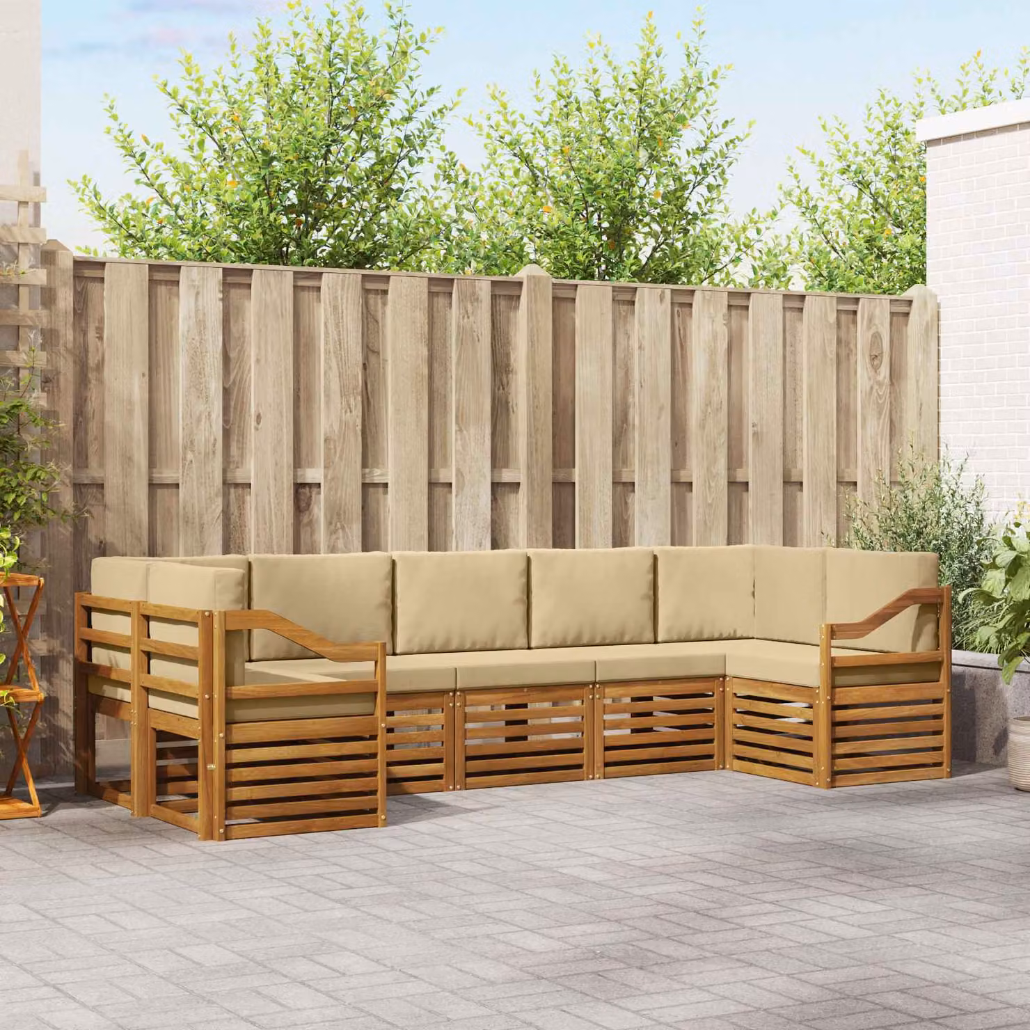 Set di divani da esterno vidaXL 7 pz in legno di acacia con cuscini, forma a L, colore beige e marrone