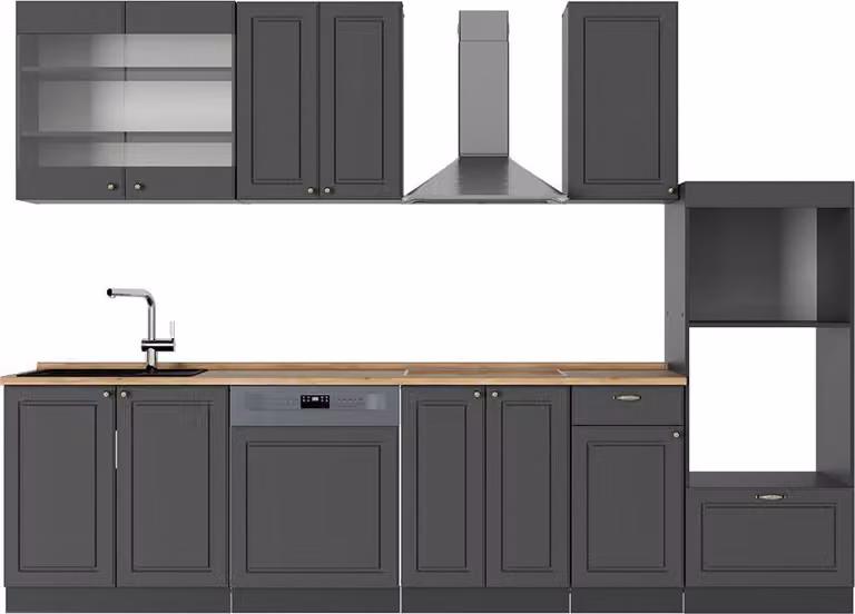 Cucina componibile Vicco Fame-Line Antracite-oro rustico 300 cm con armadio alto, PL Rovere, Model 56699