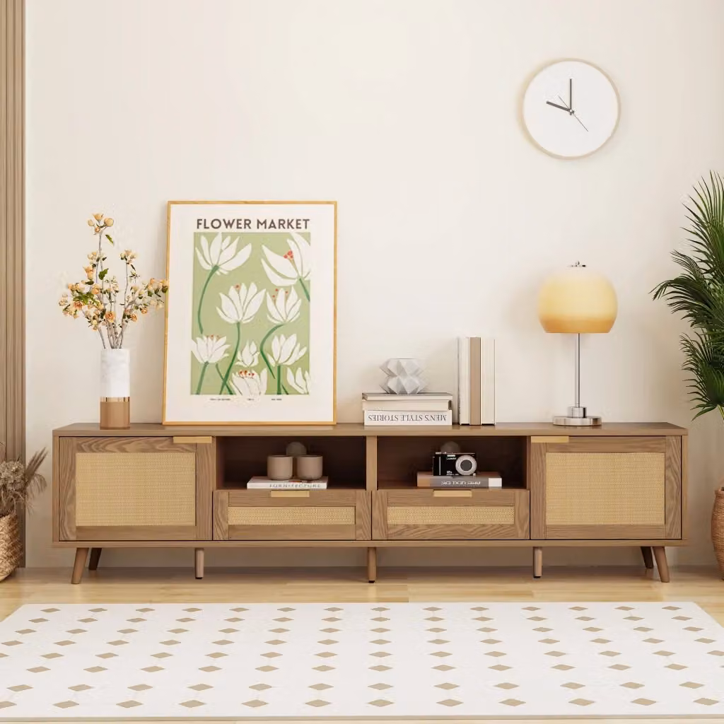 Mobile TV WISHDOR in legno effetto rovere marrone con dettagli in rattan sintetico, L: 200 cm, P: 37 cm, H: 49 cm, con 2 ante e 2 cassetti – 2