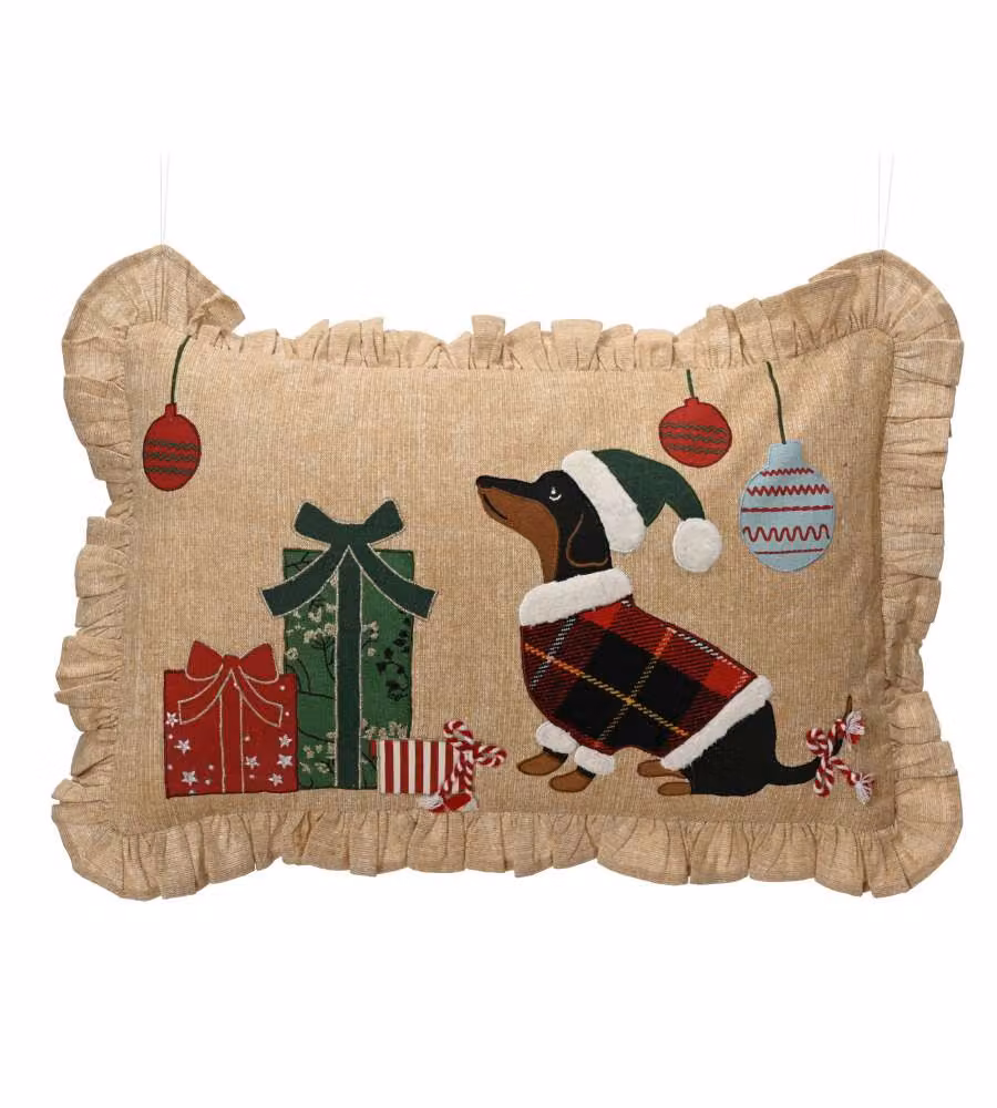 Cuscino Natalizio Bassotto Beige 50x30 cm in Cotone con Ricamo e Volant