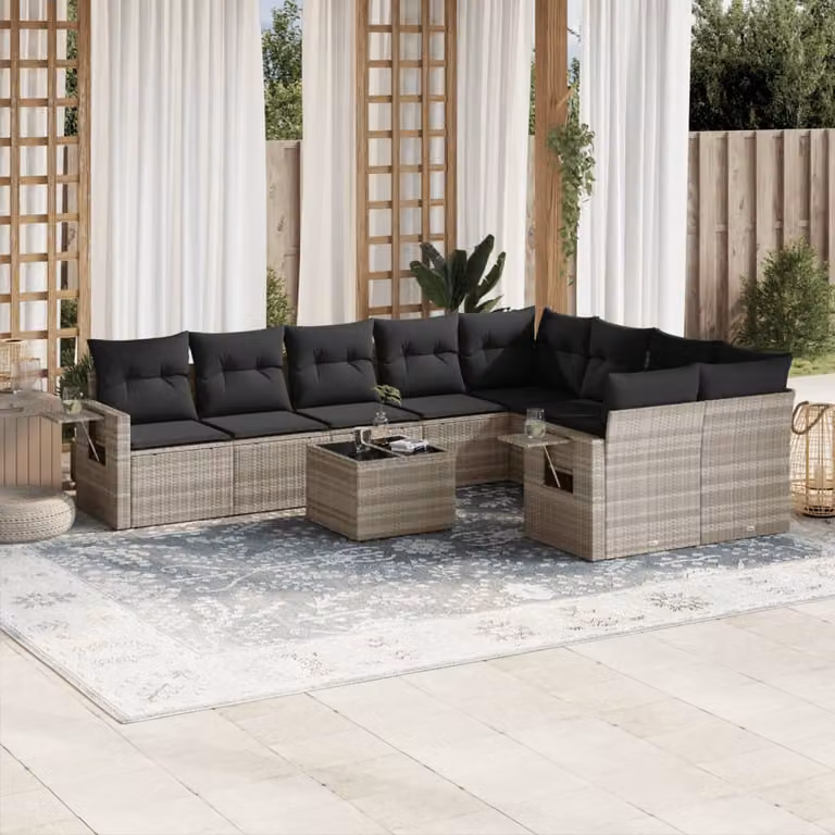 Set Divano da Giardino vidaXL 10 Pezzi in Polyrattan con Cuscini Grigio Chiaro
