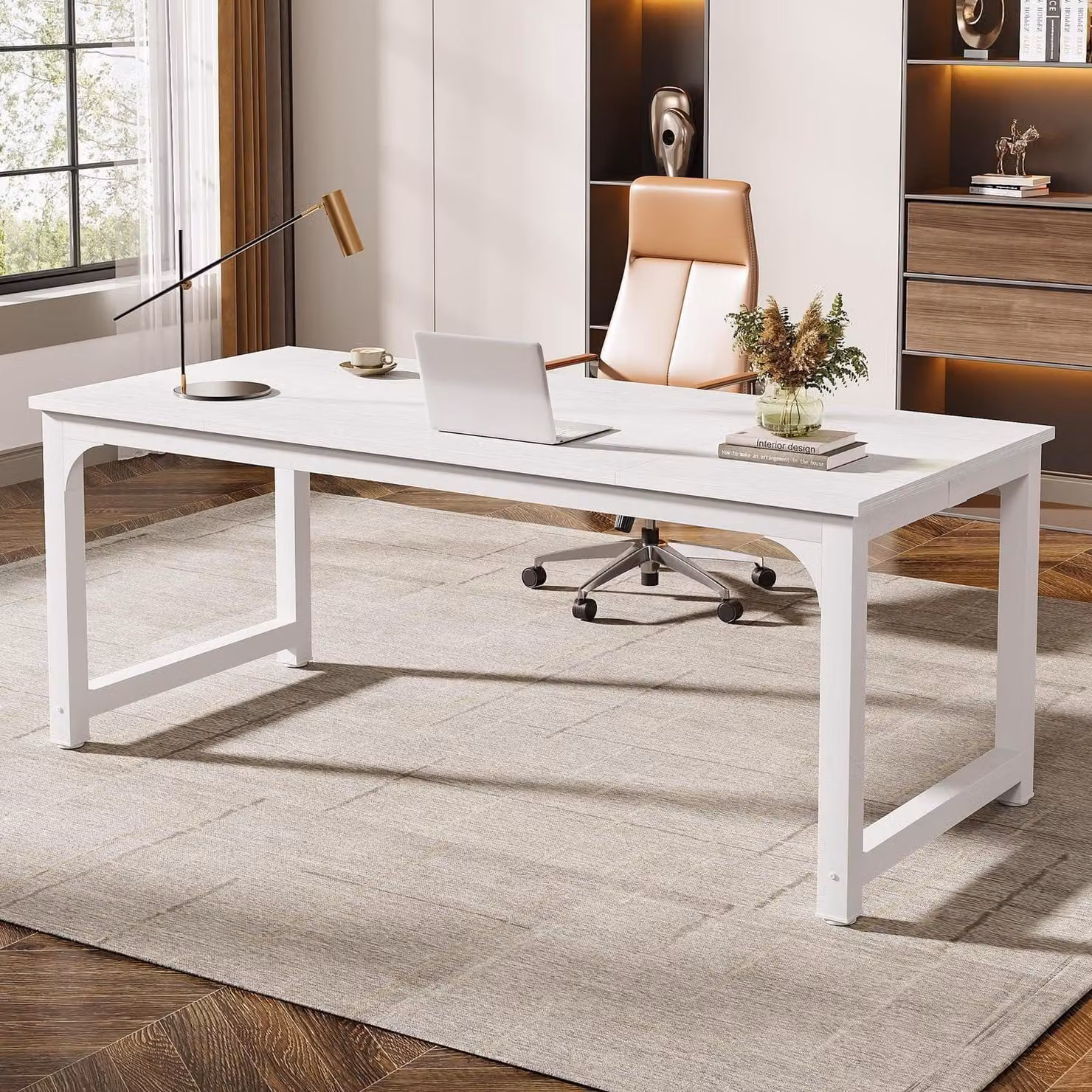Scrivania, tavolo per computer, bianco, 180 x 80 x 75 cm, scrivania per ufficio domestico, adatta per 2 persone