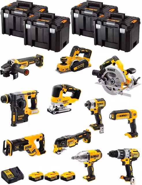 Kit utensili a batteria DeWALT DWK1103T giallo con 3 batterie da 5,0Ah e contenitori TSTAK VI