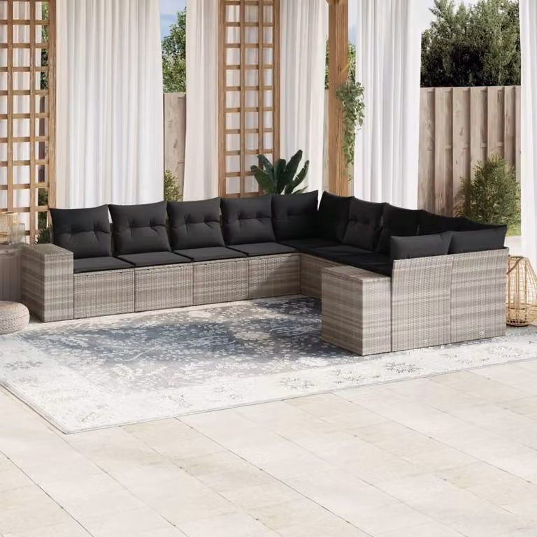 vidaXL Set Divano da Giardino 10 Pezzi in Polyrattan con Cuscini Grigio Chiaro e Struttura in Acciaio