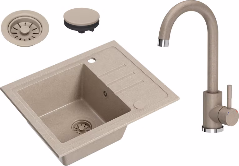 VBChome Lavello in granito beige con rubinetto 55 x 44 cm Lavello da incasso a vasca singola Macchiettato Reversibile Lavello in granito beige Sifone Rubinetto per lavabo