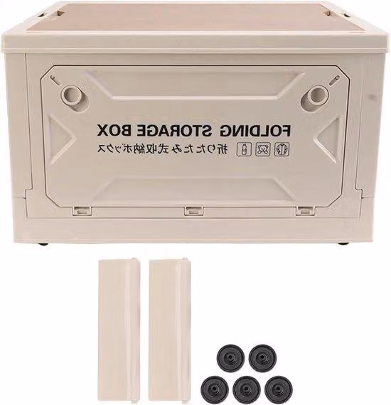 Contenitore pieghevole da 50 litri con coperchio in legno e 4 ruote, grigio-bianco, per auto e campeggio