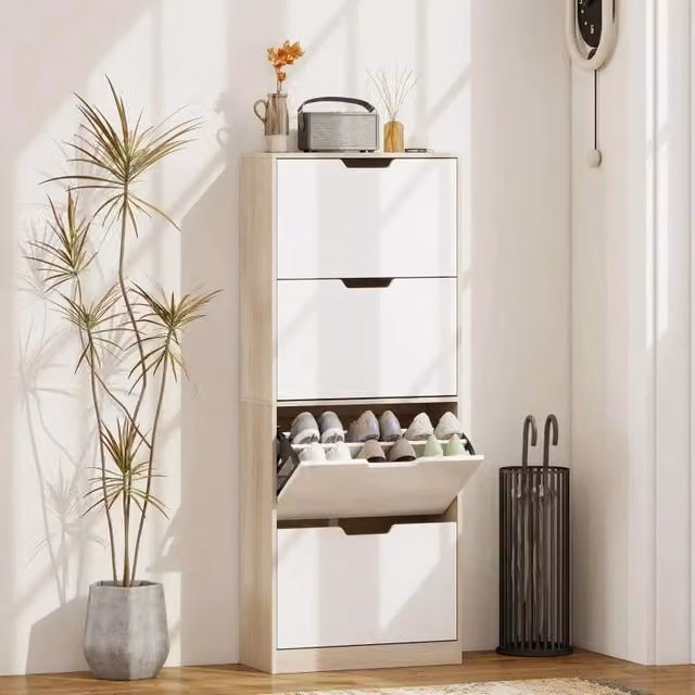Scarpiera salvaspazio slim Maury's Online con 4 cassetti per 20 paia di scarpe, colore legno e bianco, L: 62.5 cm, P: 26 cm, H: 156 cm