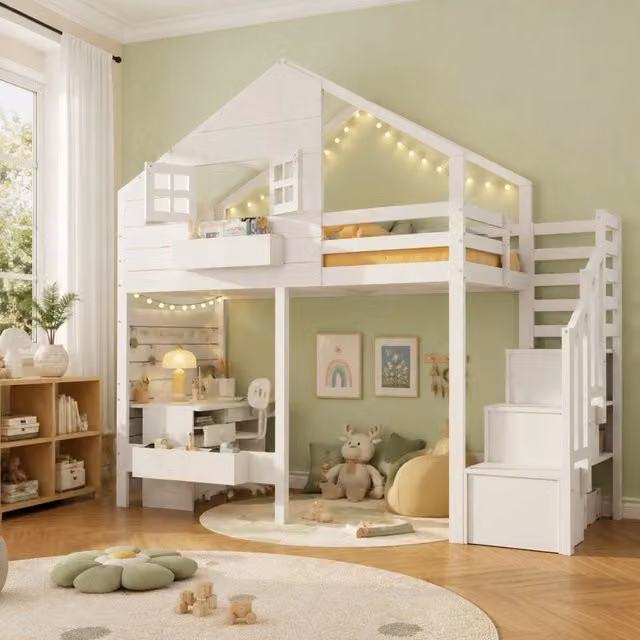 Letto a castello per bambini 90x200 cm con protezione anticaduta, scala con contenitori, in legno massello bianco