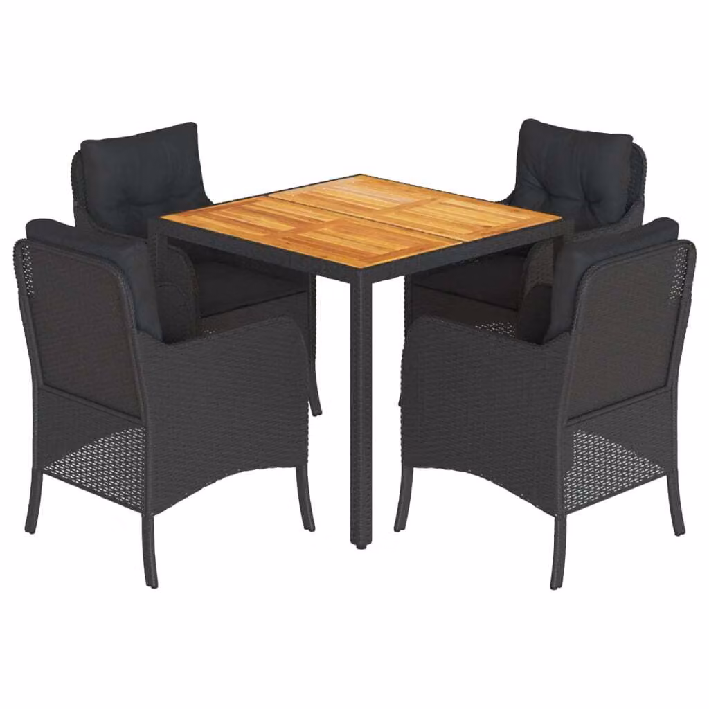 Set da Pranzo da Giardino 5 pz Nero con Cuscini in Polyrattan