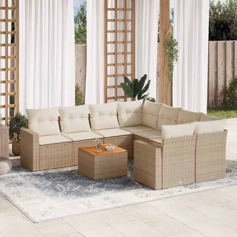 vidaXL Set Divano da Giardino 9 pz in Polyrattan Beige con Cuscini e Tavolino da Esterno