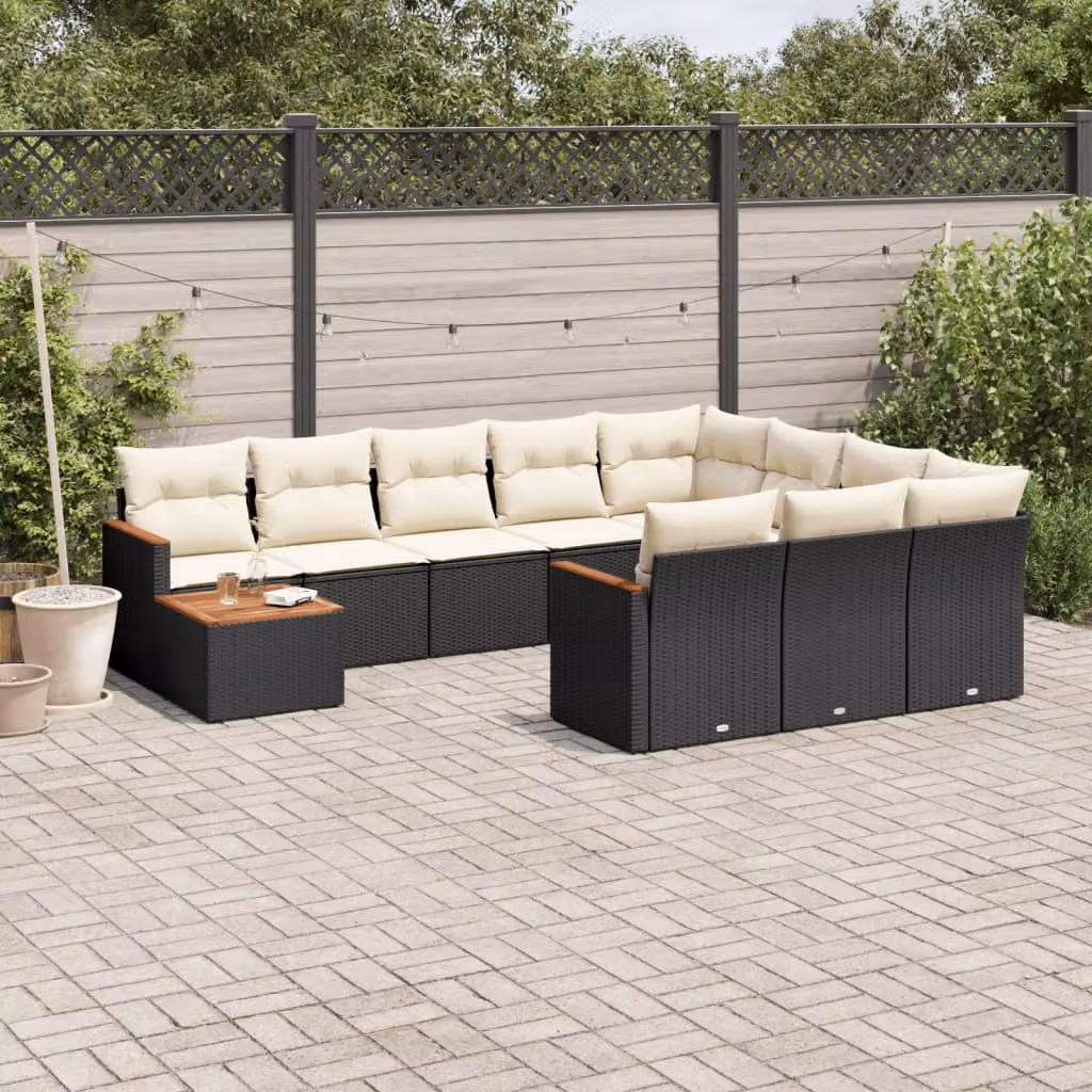 vidaXL Set Divani da Giardino 11 pz in Polyrattan con Cuscini e Tavolino, Design Moderno a U, Nero e Bianco – 1