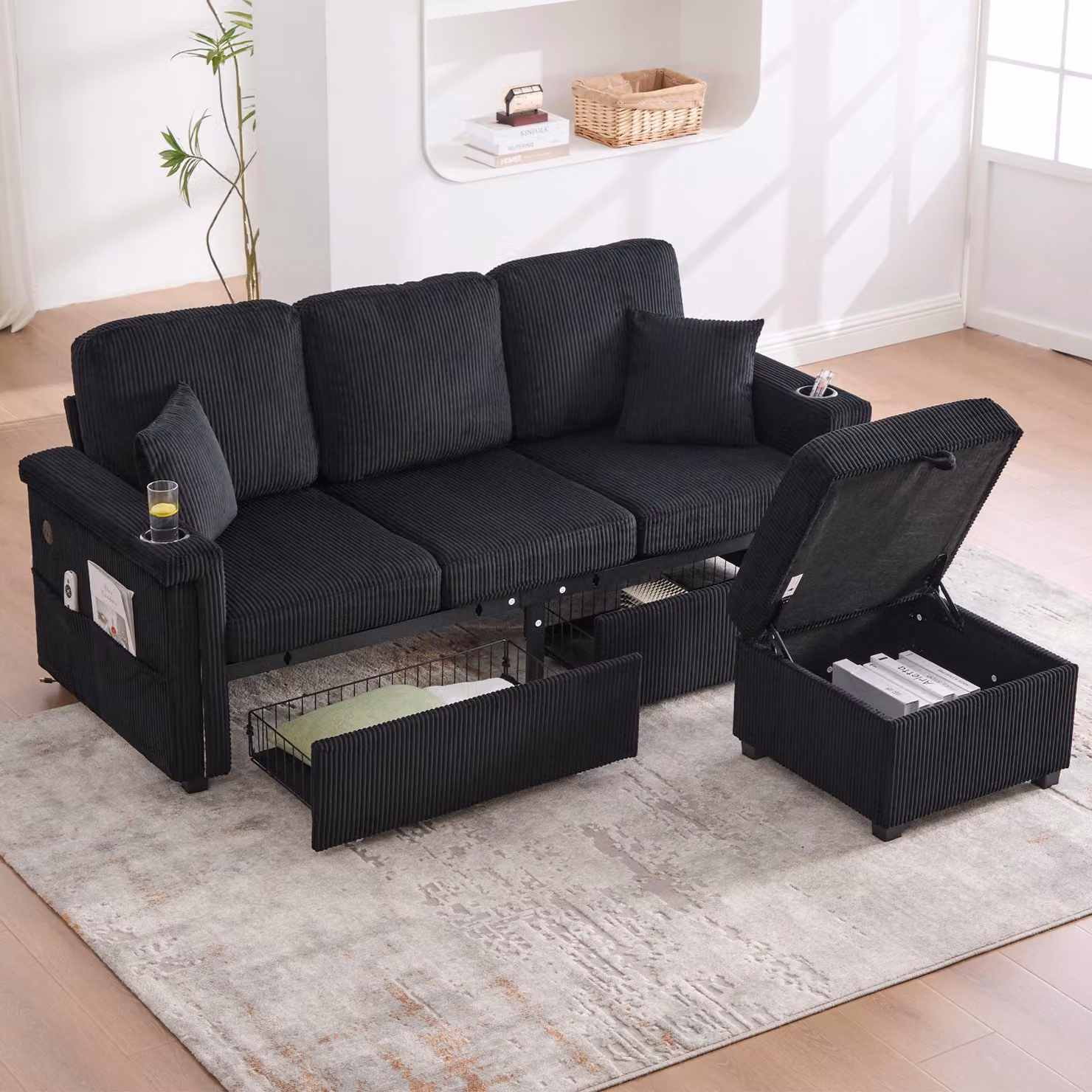 LVHOM Divano angolare modulare con LED e USB, divano a 3 posti con pouf e cassetti, divano imbottito in tessuto a coste, nero