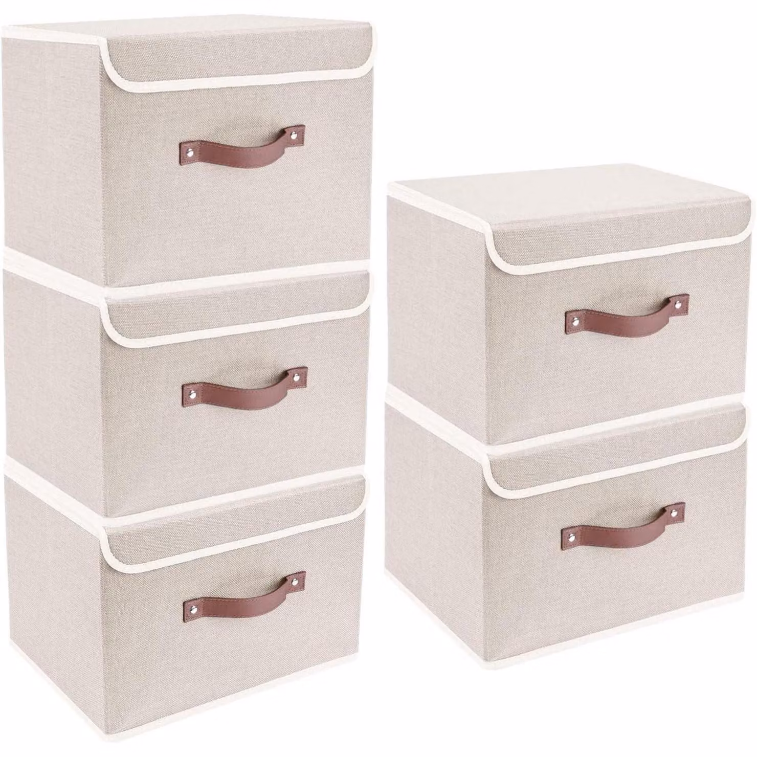 Contenitore pieghevole con coperchio, in tessuto, lavabile, dimensioni 38x25x25 cm, confezione da 5 pezzi, colore beige