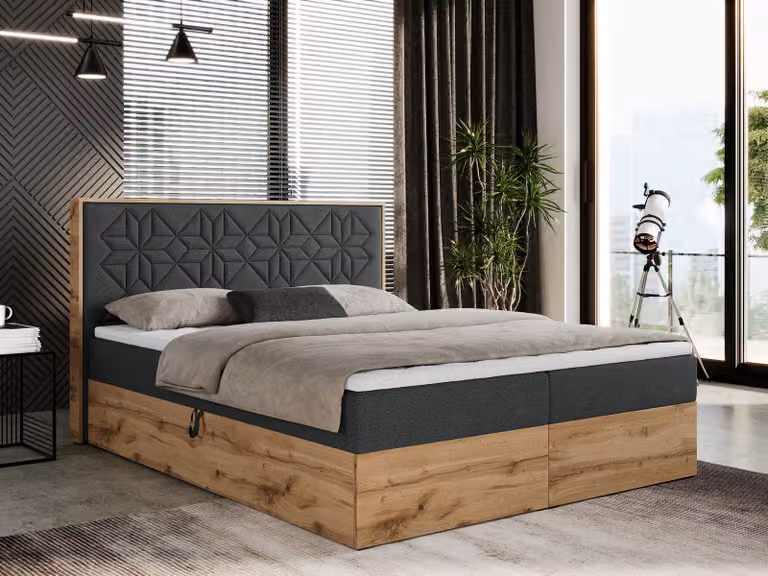 Letto boxspring 160x200 con contenitore, letto imbottito 160x200 con materasso H4, letto boxspring 160x200 con testiera - Nessi - Grigio scuro testurizzato - H4
