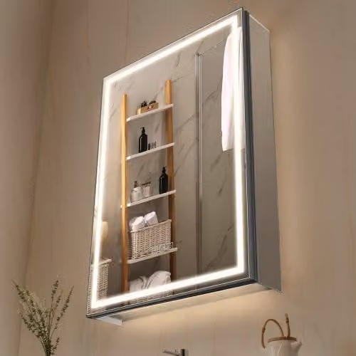 Armadietto per medicinali da bagno VEVOR con specchio e illuminazione LED, nero, da incasso o a parete, L: 50 cm, H: 70 cm