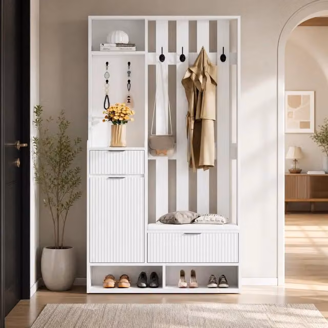 Guardaroba da ingresso MODFU con panca, cassetti e 8 ganci, bianco, L/P/H: 100 x 30 x 180 cm