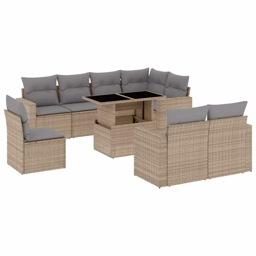 Set Divano da Giardino vidaXL 9 pz a Forma a L in Polyrattan con Cuscini Beige e Tavolino – 2