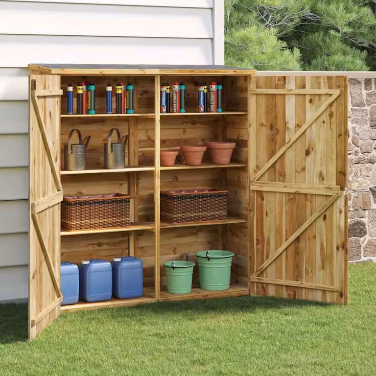 vidaXL Rimessa per attrezzi da giardino in legno di pino massello marrone con doppia porta e scaffalature L/P/H: 163 x 50 x 171 cm