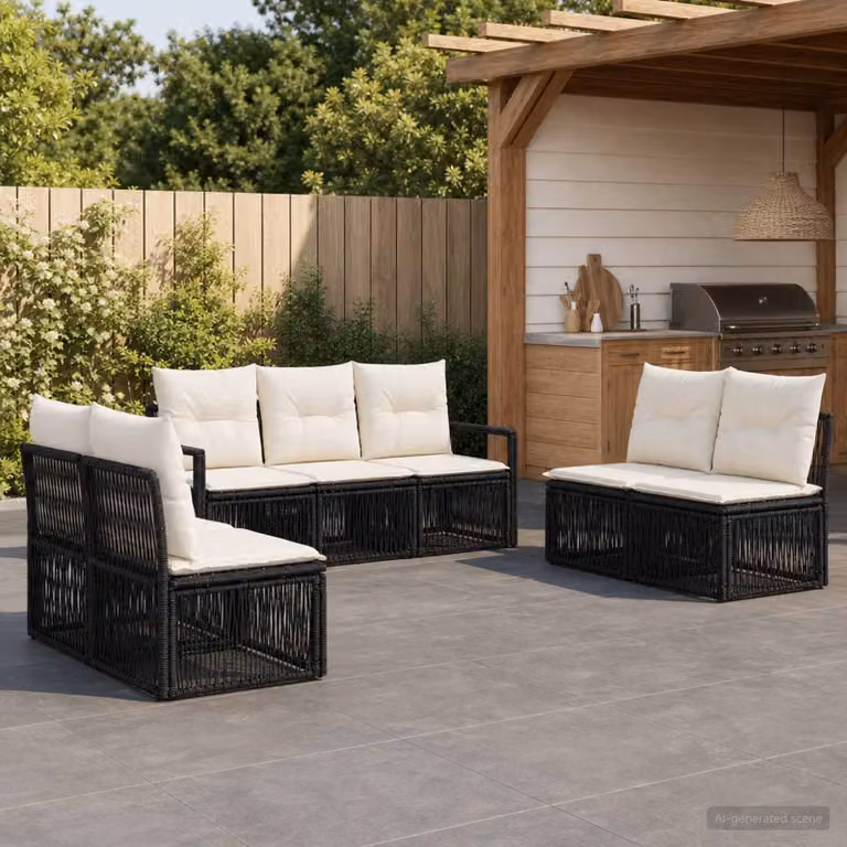 Set Divano da Giardino vidaXL 7 pz in Polyrattan Nero con Cuscini e Struttura in Acciaio