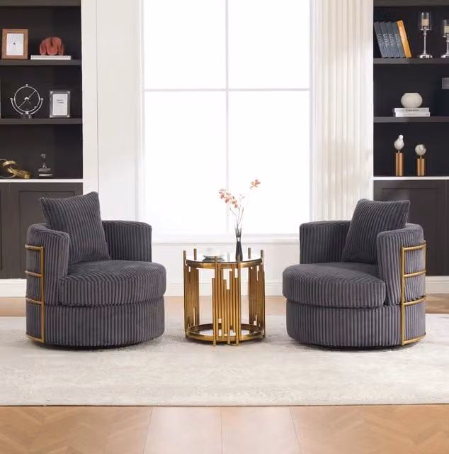 Poltrona girevole a 360° in velluto a coste grigio con vano contenitore; 76 × 79 × 78 cm
