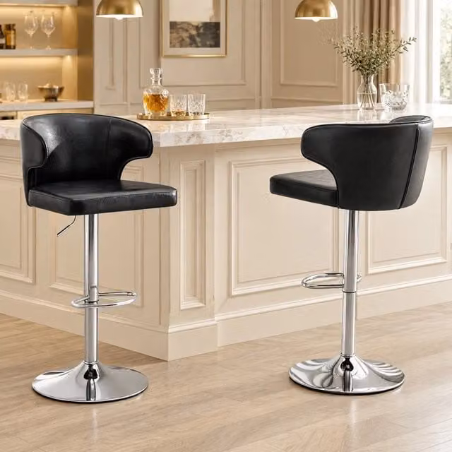 Set 2 sgabelli da bar ULEVR regolabili 85-110 cm, girevoli 360¡ã, con schienale e poggiapiedi, PU nero