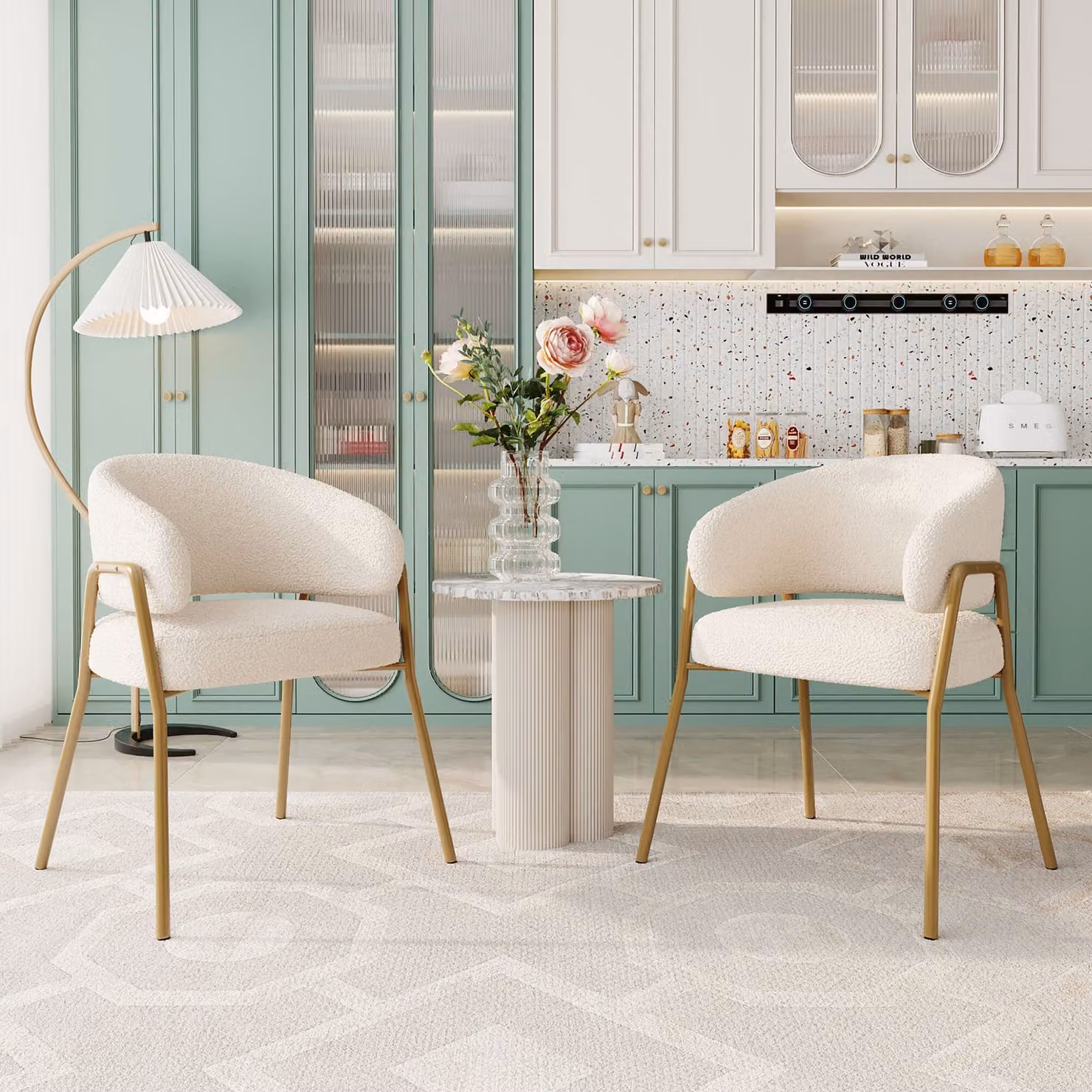 Set di 2 sedie imbottite Flieks, sedia da soggiorno con gambe in metallo, sedia da sala da pranzo poltrona con rivestimento in velluto d'agnello, sedia da cucina sedia da trucco, bianco