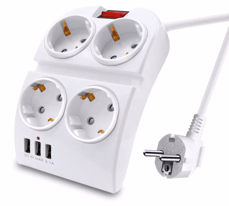 Ciabatta multipresa EXTRASTAR con 4 prese, 3 porte USB e interruttore, lunghezza 1,5 metri