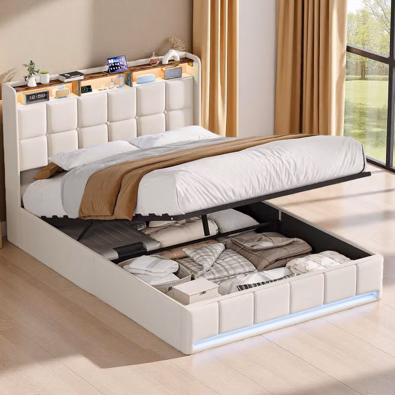 Letto imbottito ProximaX 160x200 cm in tessuto di lino beige, letto contenitore pneumatico con illuminazione a LED, letto contenitore con stazione di ricarica USB