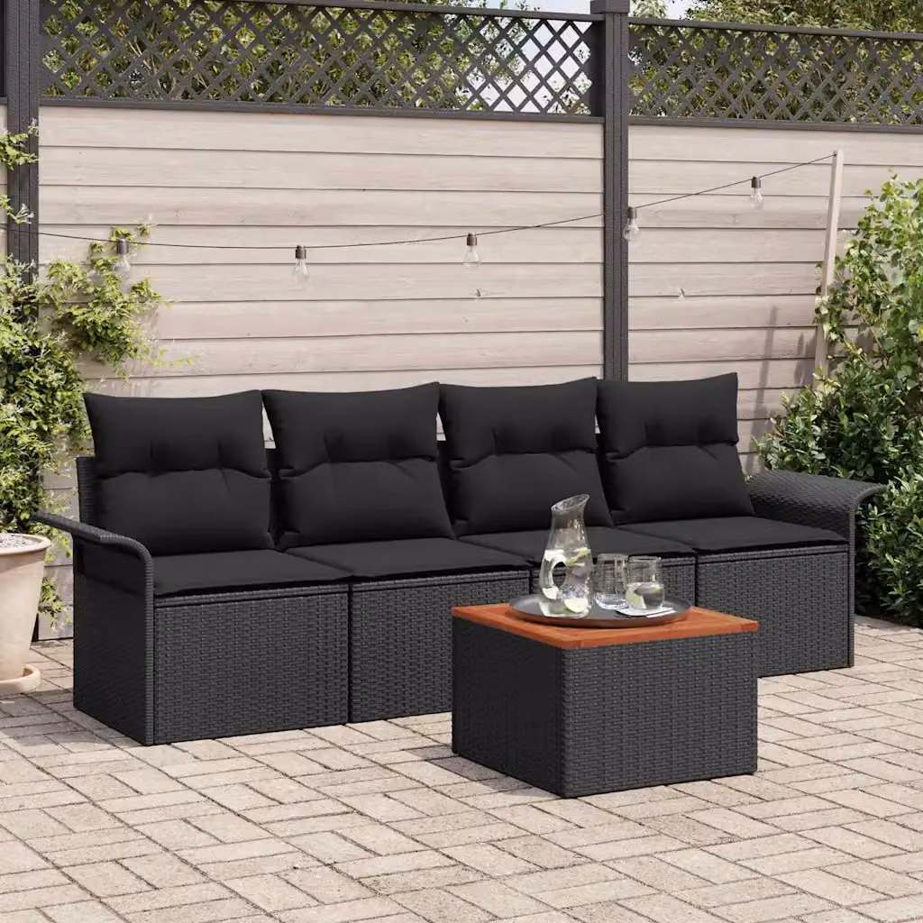 Set Divano da Giardino vidaXL 5 Pezzi Nero con Cuscini e Tavolino in Metallo e Polyrattan – 1