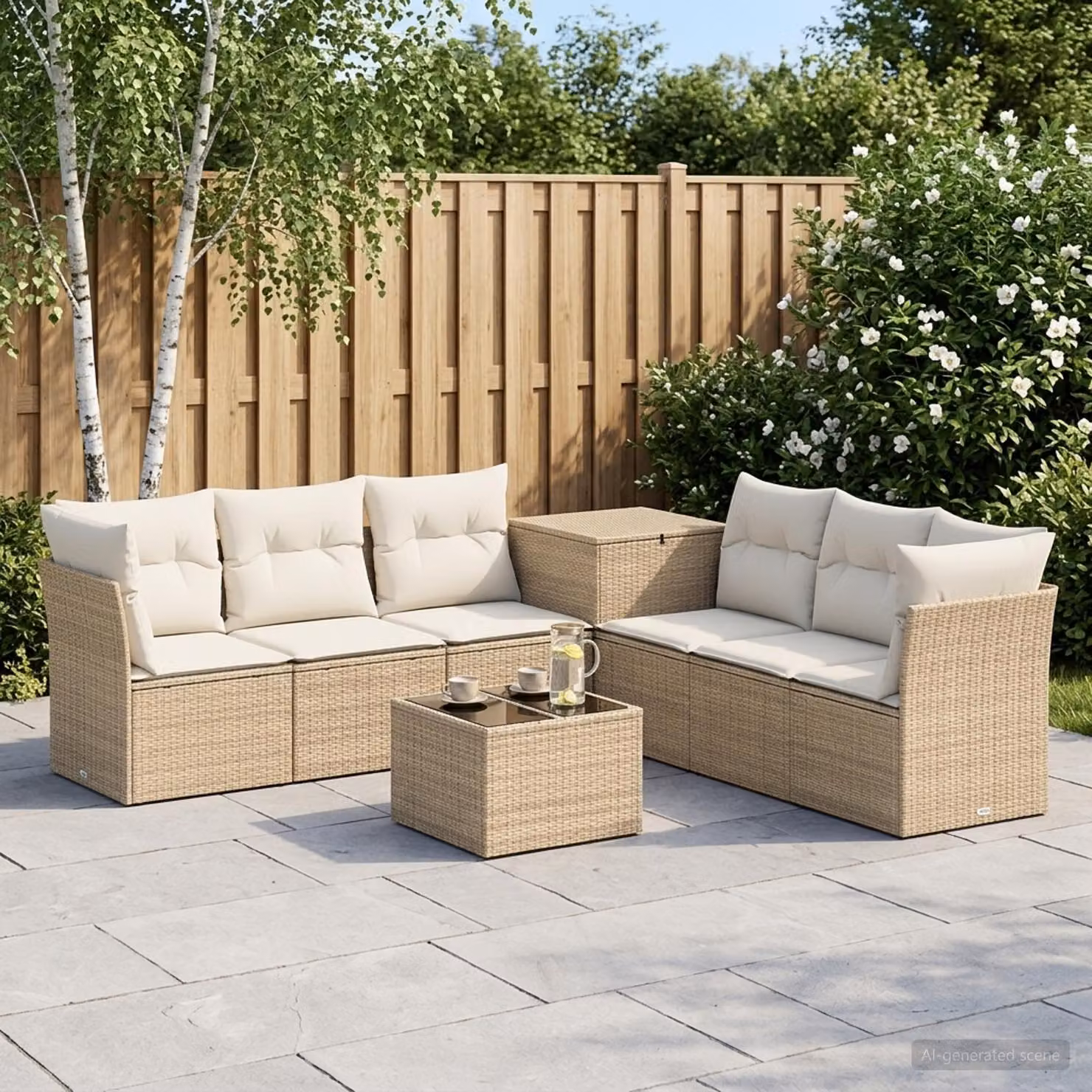 Set di divani da giardino vidaXL in polyrattan a forma di U con cuscini, beige e bianco crema