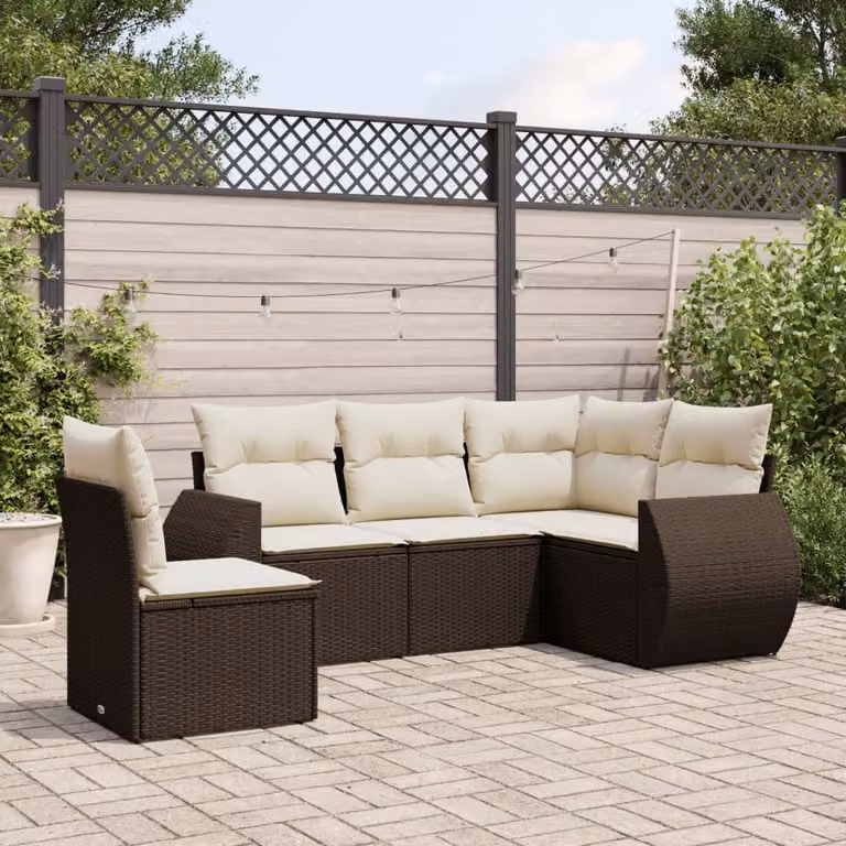 vidaXL Set Divano da Giardino a L 5 pz con Cuscini Marrone e Bianco in Polyrattan e Acciaio