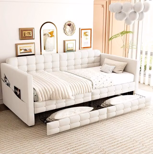 Letto imbottito 90x190 cm beige in velluto con cassetti e tasche laterali