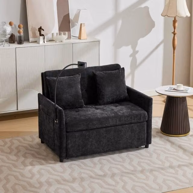 Divano Mivray moderno in tessuto nero con porta USB e supporto tablet per piccoli spazi L: 109 cm, P: 83,5 cm, H: 72 cm