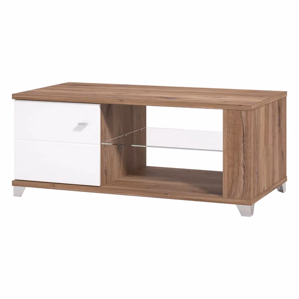 Tavolino da salotto moderno DMORA con piano in vetro, L: 60 cm, P: 118 cm, H: 48.5 cm, colori marrone e bianco – 2