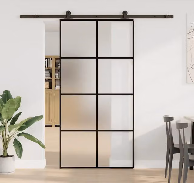 Porta Scorrevole Moderna vidaXL in Vetro ESG e Alluminio Nero L: 102,5 cm, H: 205 cm