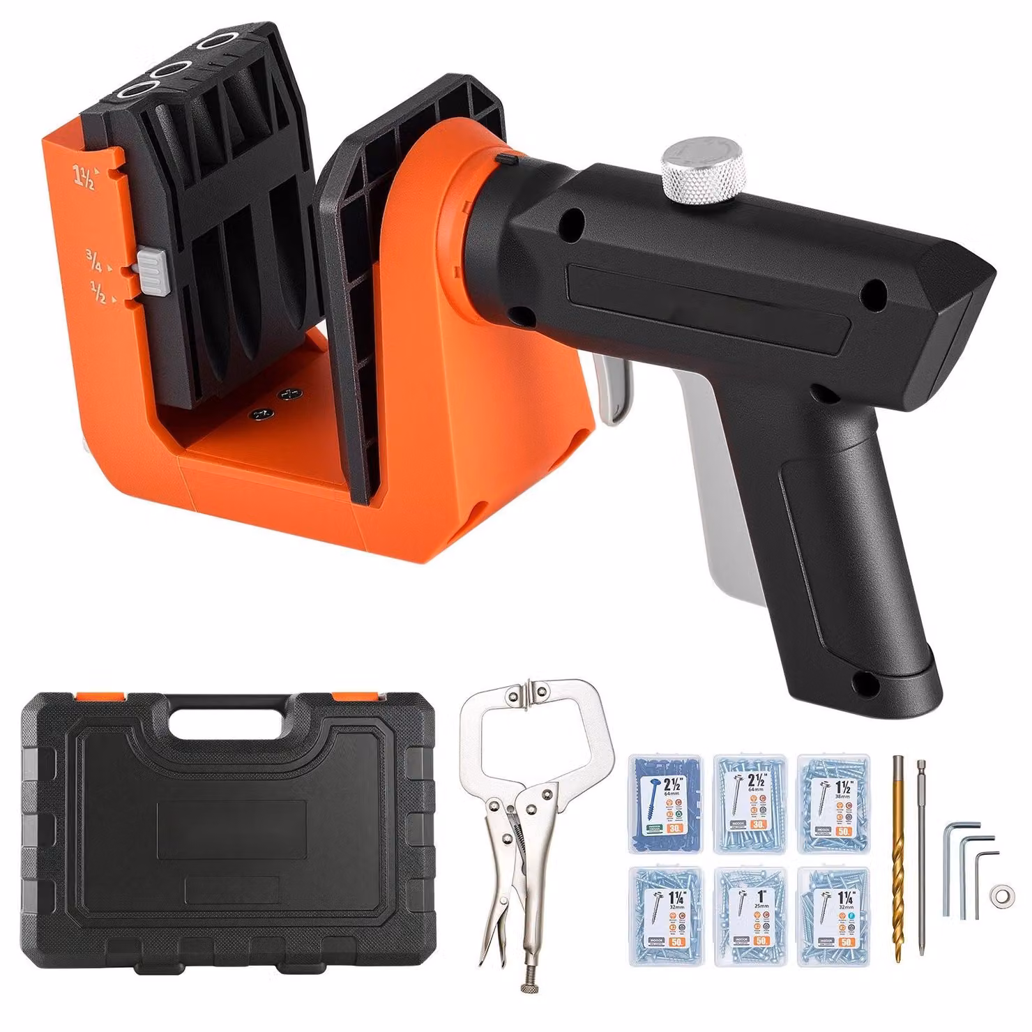 Maschera di foratura per tasche - Set di guide per la foratura - Spessore del materiale: 12,7–38,1 mm - Maniglia rotante a 360° - Include 260 viti, morsetto a C, trapano e bussola di arresto - Facile da fissare e regolare