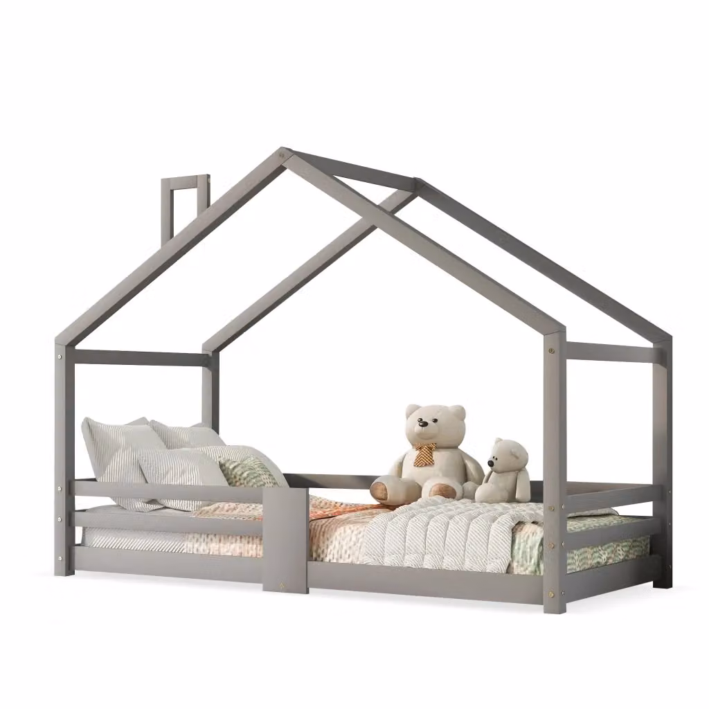 Letto a casetta per bambini CIPACHO in legno di pino laccato grigio con protezione anticasco e reti a doghe L/P/H: 209 x 90 x 120 cm – 2